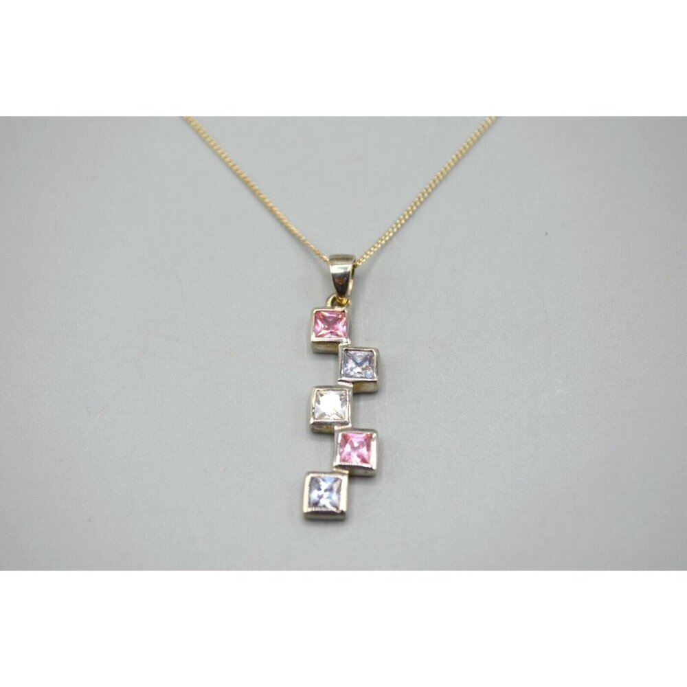Square Rhinestone Drop Pendant Necklace Sterling Silver 925 MHJ 3.8g 9.25" Pink